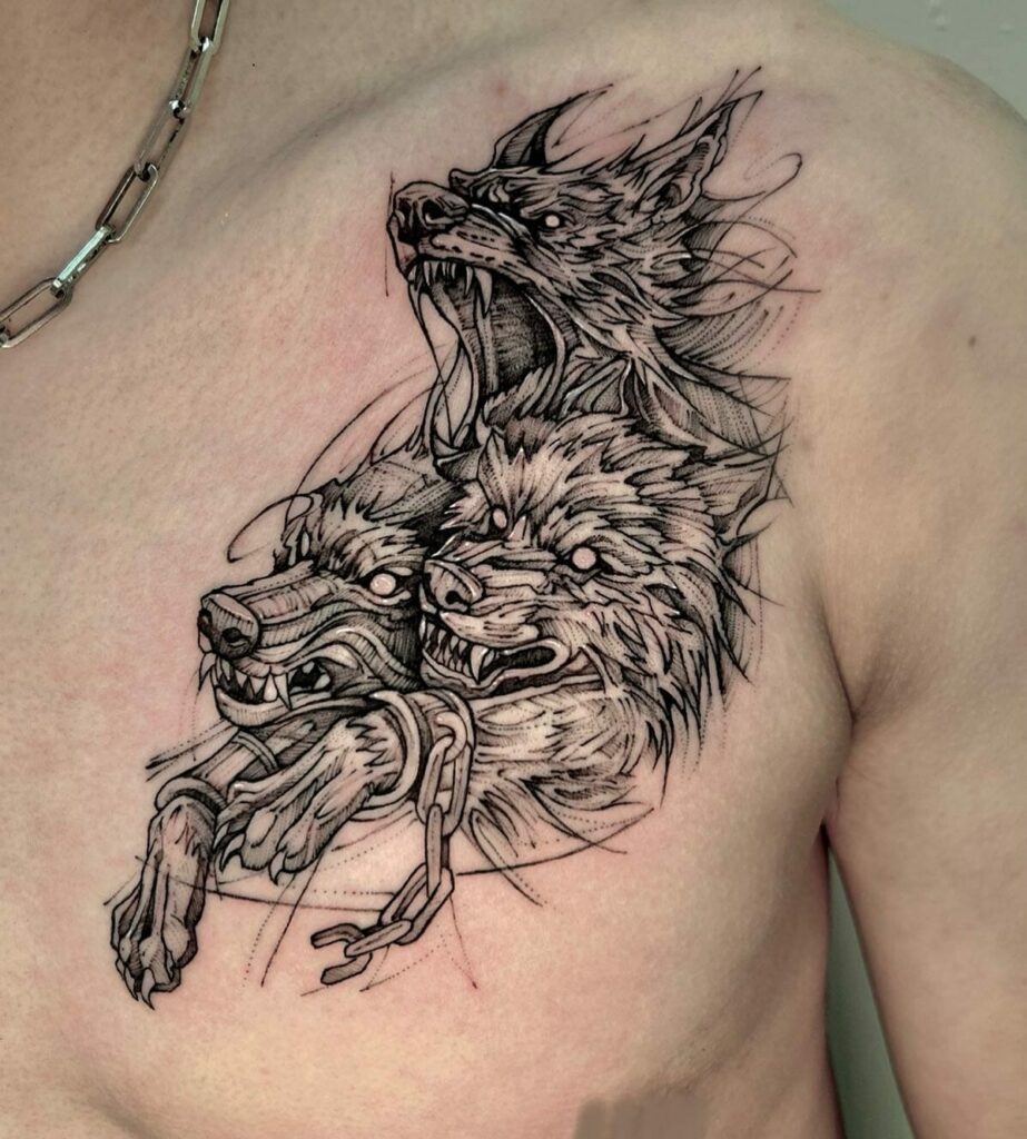 Triple Headed Wolf Chest Tattoo
