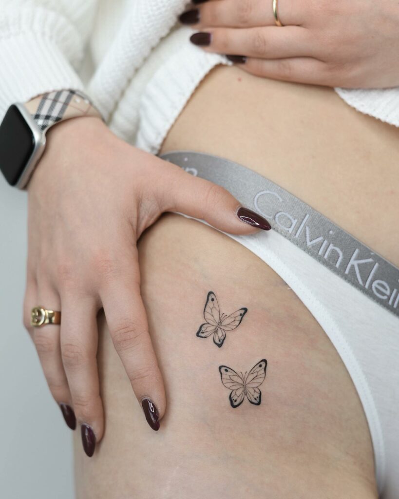 Two Butterflies On The Front Hip Tattoo 