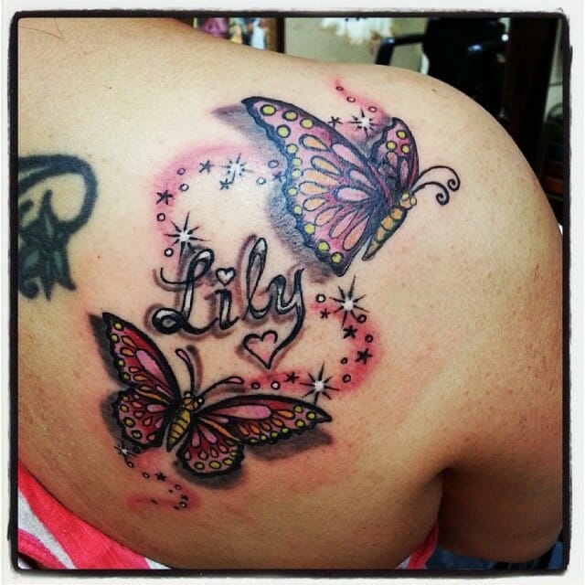 Pink Butterfly Tattoos With Names on Shoulder