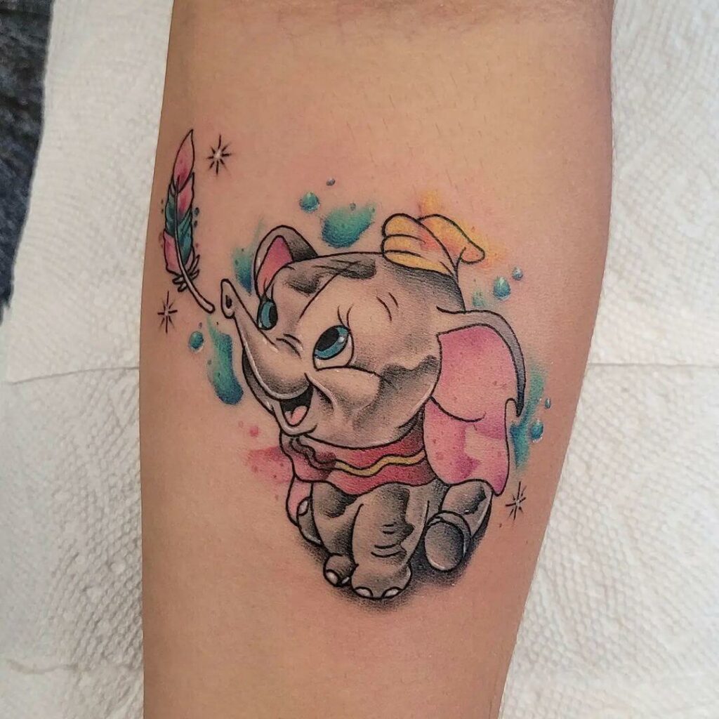 Watercolor Dumbo Tattoo With Feather