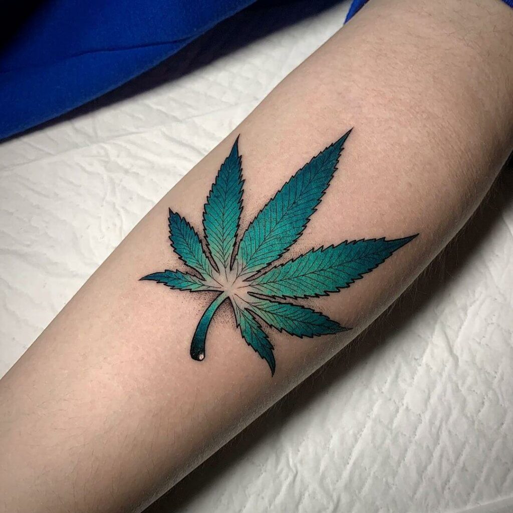 Weed Leaf Tattoo Outline With Green Shading