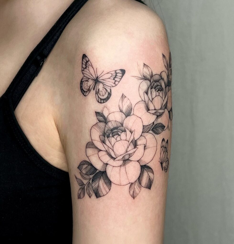 Women's Rose And Butterfly Tattoo