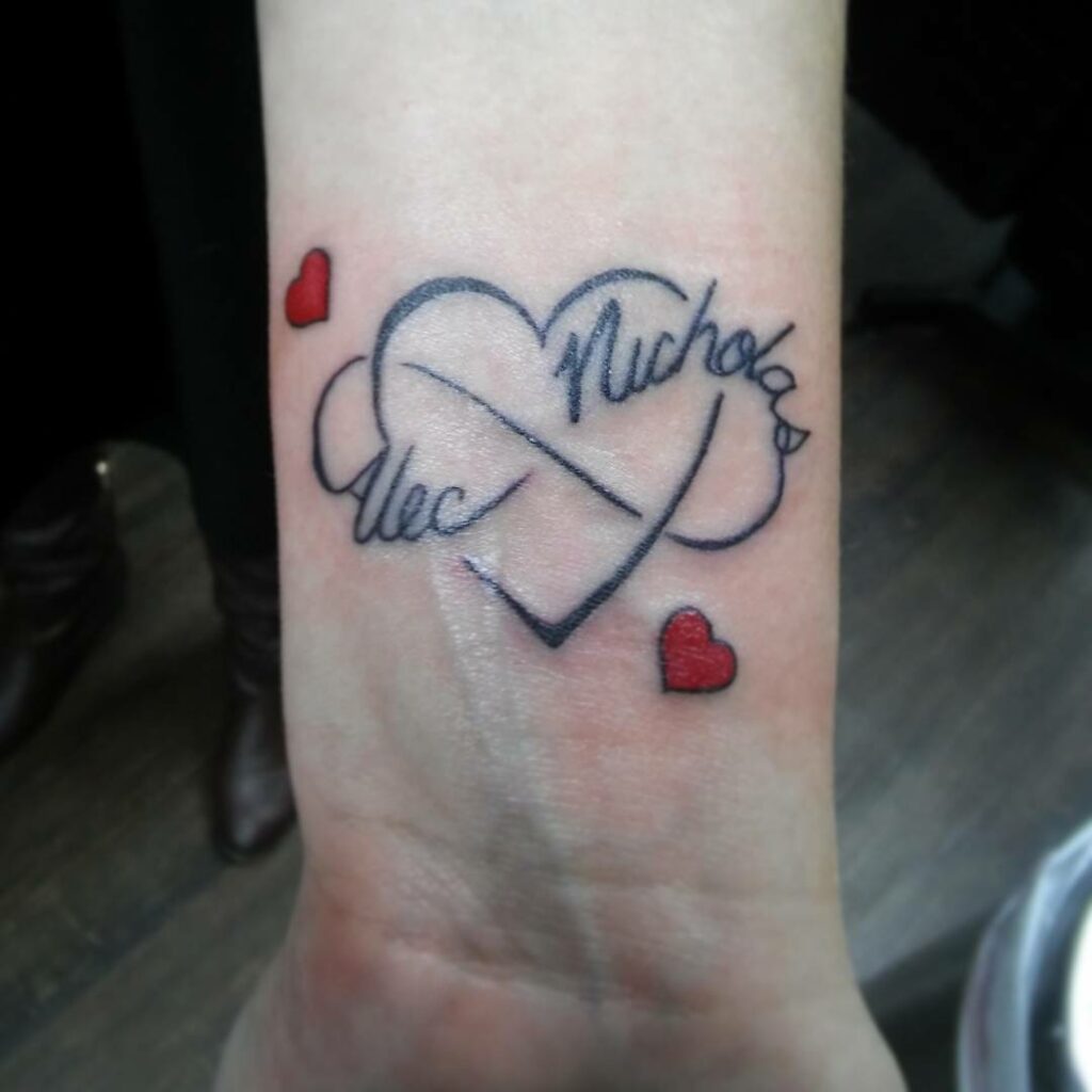 Wrist Infinity Tattoo With Names And Hearts