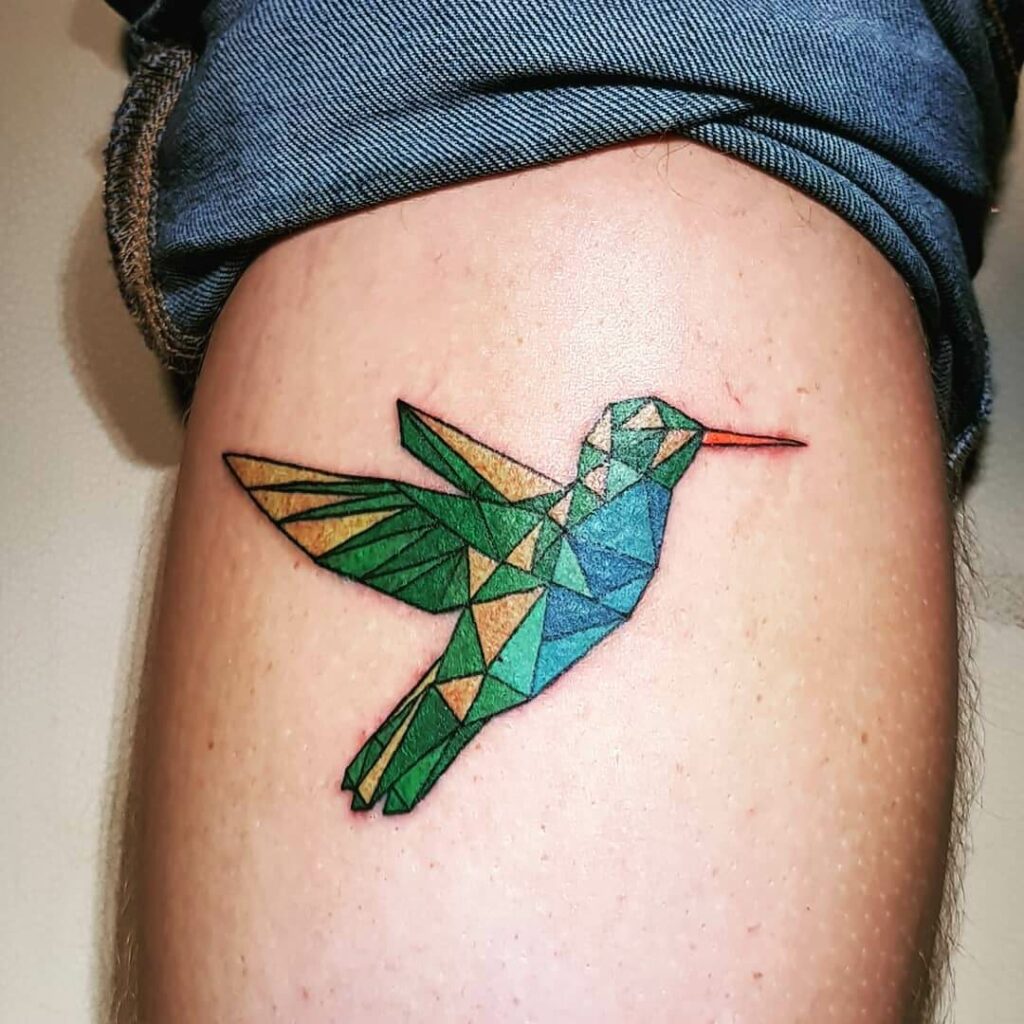 Yellow and Green Ink Geometric Hummingbird Tattoo Design