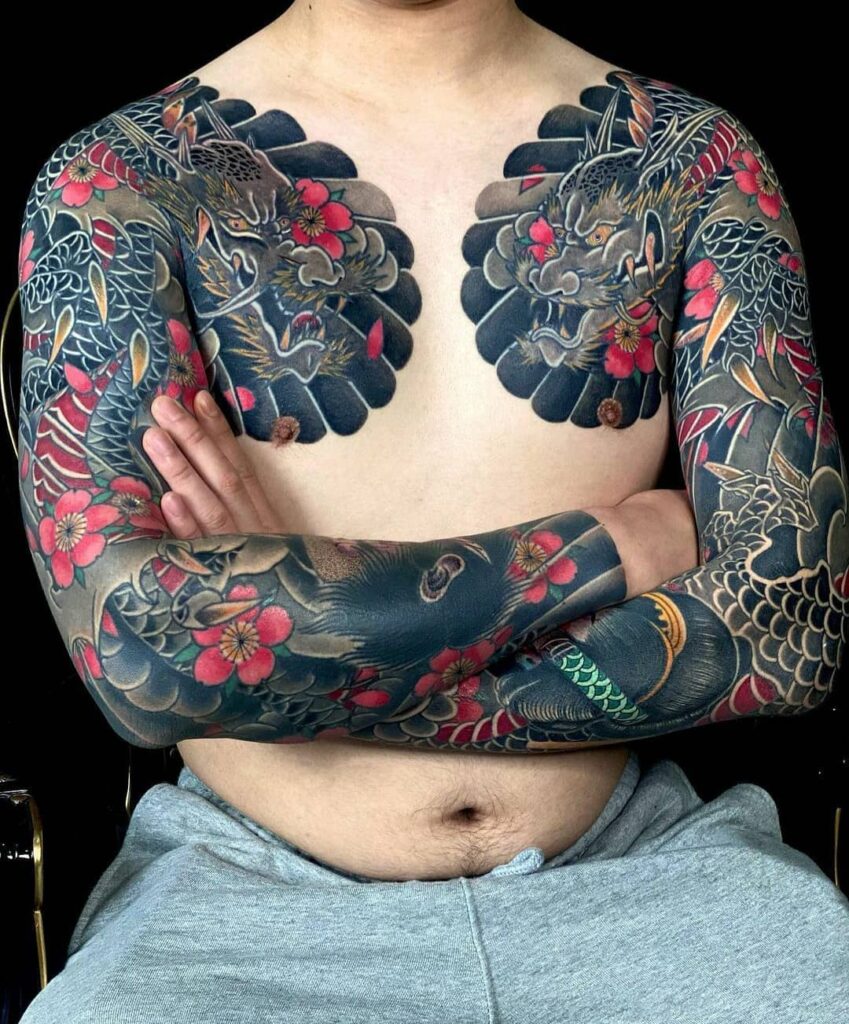 Yin-Yang Full Sleeve Japanese Dragon Tattoo Design For The Spiritual People