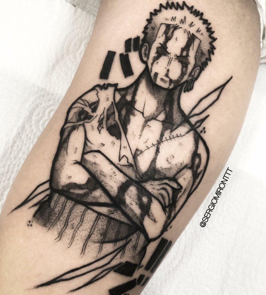 Zomnos Tattoo - Zoro Roronoa • #OnePiece • Blandiendo su katana, Enma 🗡🔥  Estas al día con One Piece? Yo voy a comenzarla por primera vez 😳 . . .  #blackworkers #dotworktattoo #