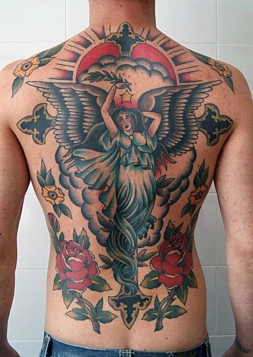 Angel Traditional Back Tattoo