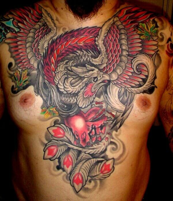 Colourful Traditional Phoenix Chest Tattoo