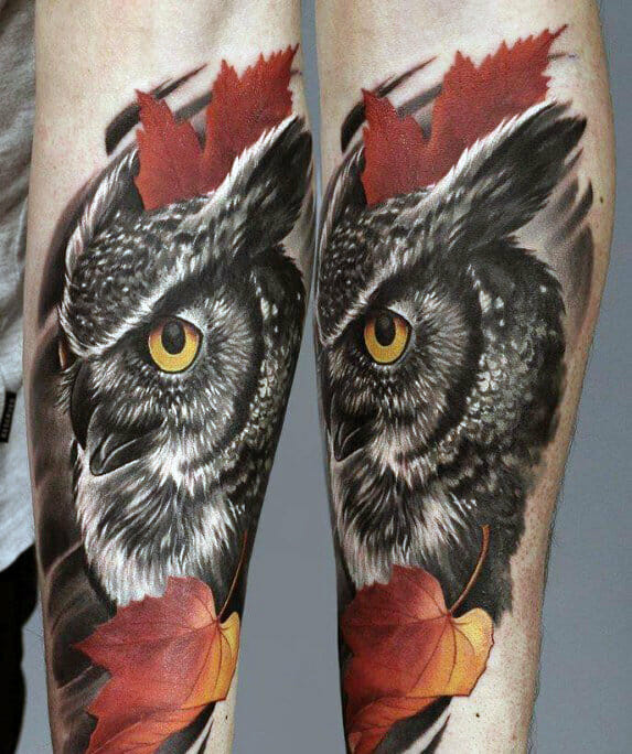 Black & Red Mens Owl Tattoo