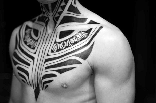 Black Ink Tribal Chest Tattoo