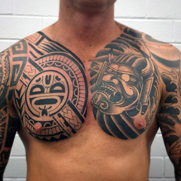 Creative tribal chest tattoo