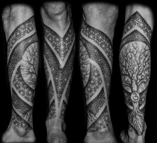 Geometric Tree Pattern Leg Tattoo