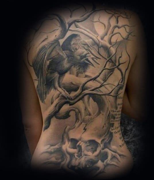 Crow, Skull & Tree Tattoo