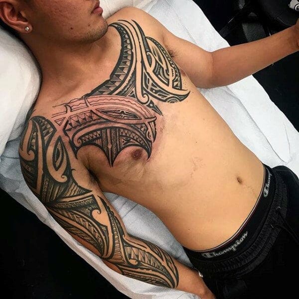 Chest Tattoo with Tribal Sleeve