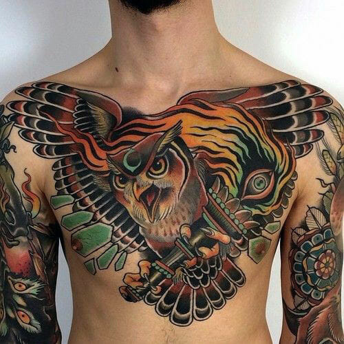 Simple Colorful Owl Tattoo On Chest