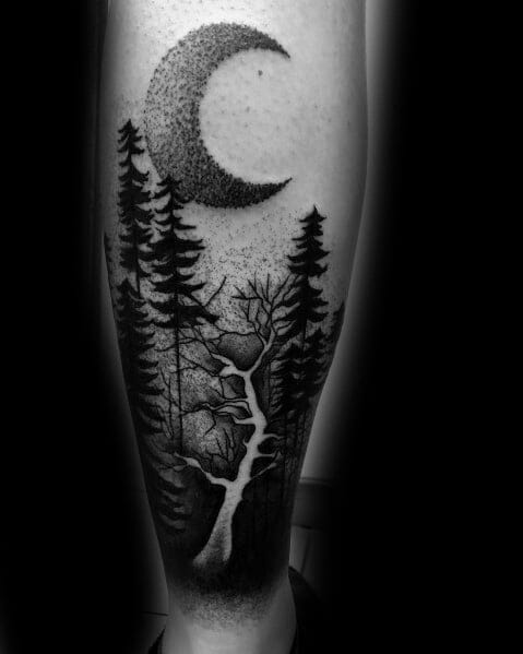 Tree & Moon Mens Leg Tattoo