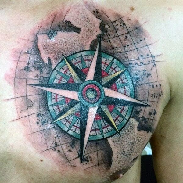 Rose Compass Chest Tattoo