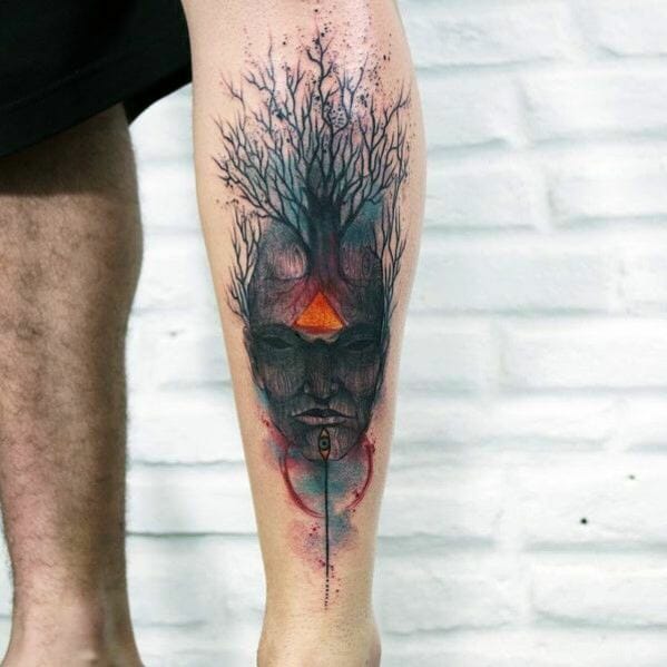 Watercolour Tree Leg Tattoo
