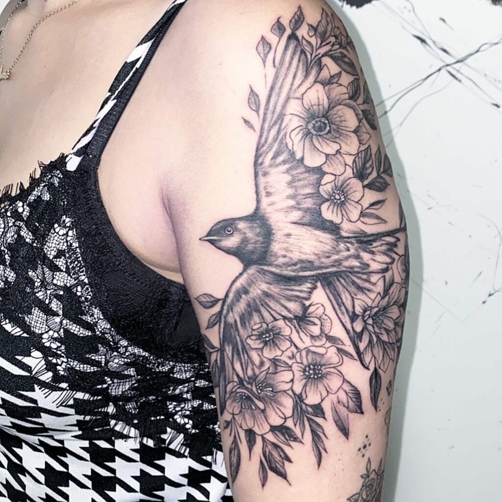 Flower & Bird Inspired Shoulder Tattoos