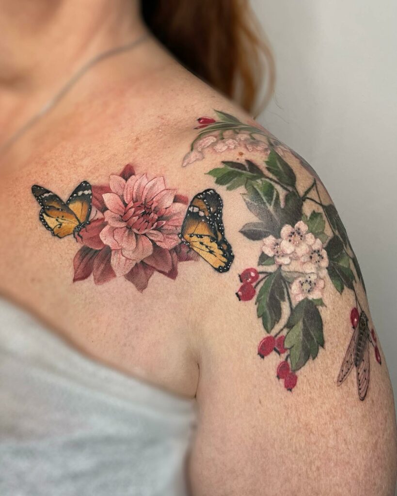 Half Chest & Shoulder Tattoo With Flowers