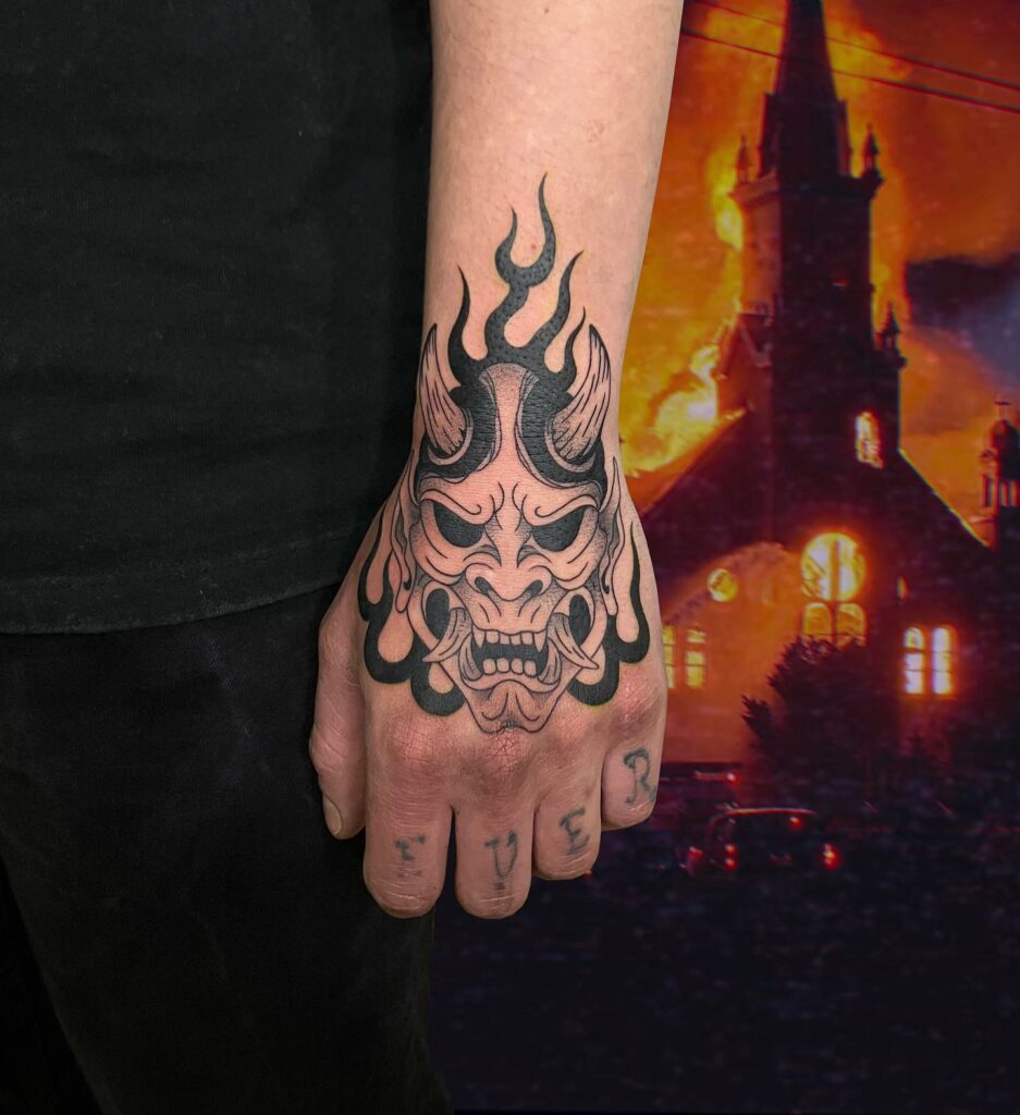 Oni Mask Tattoo Hand Idea