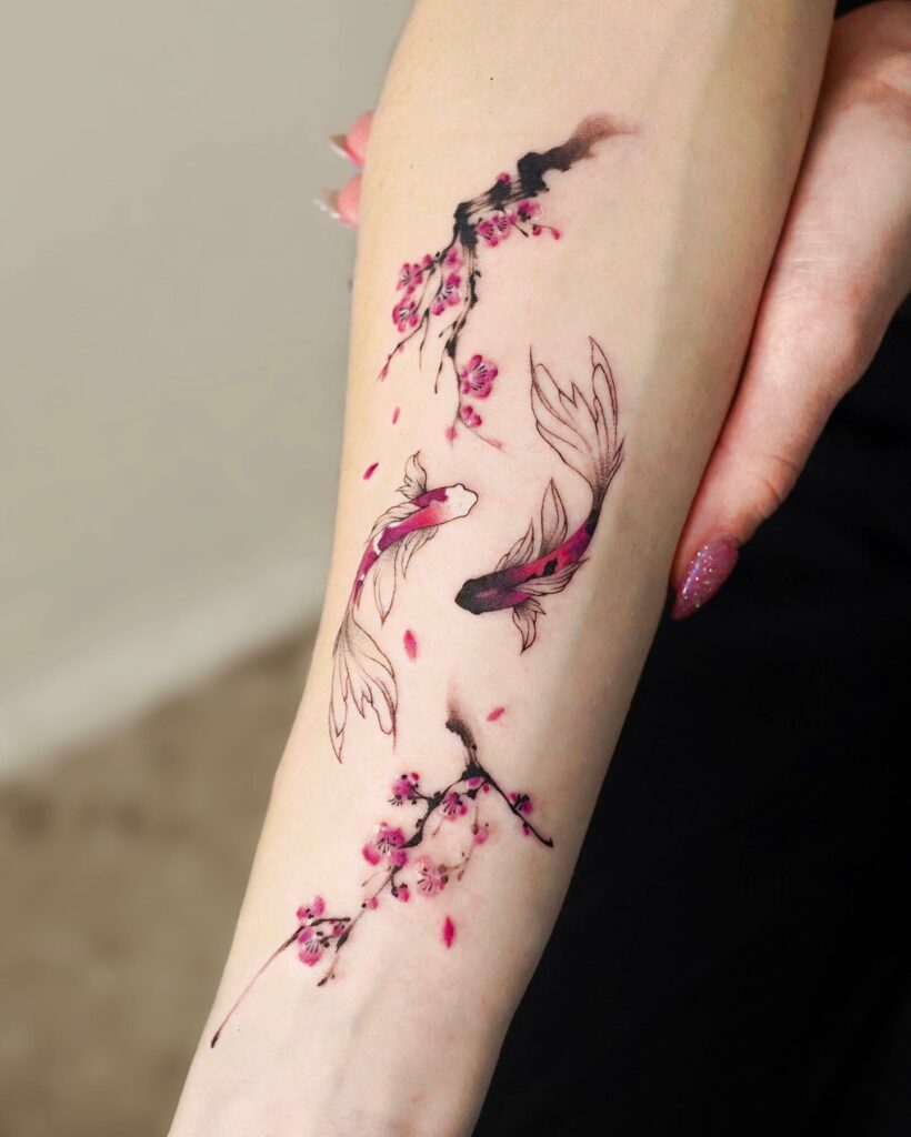 Koi fish with cherry blossoms tattoo