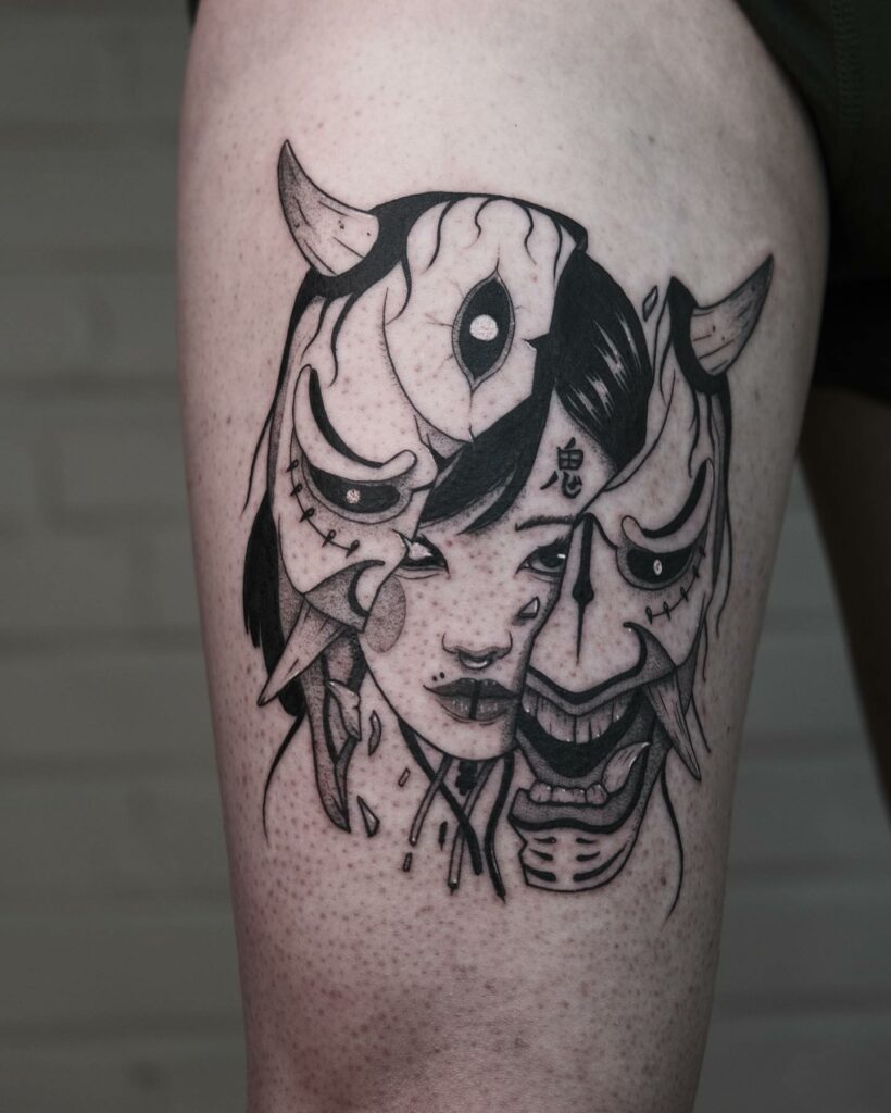 Black Ink Thigh Tattoo Oni Mask
