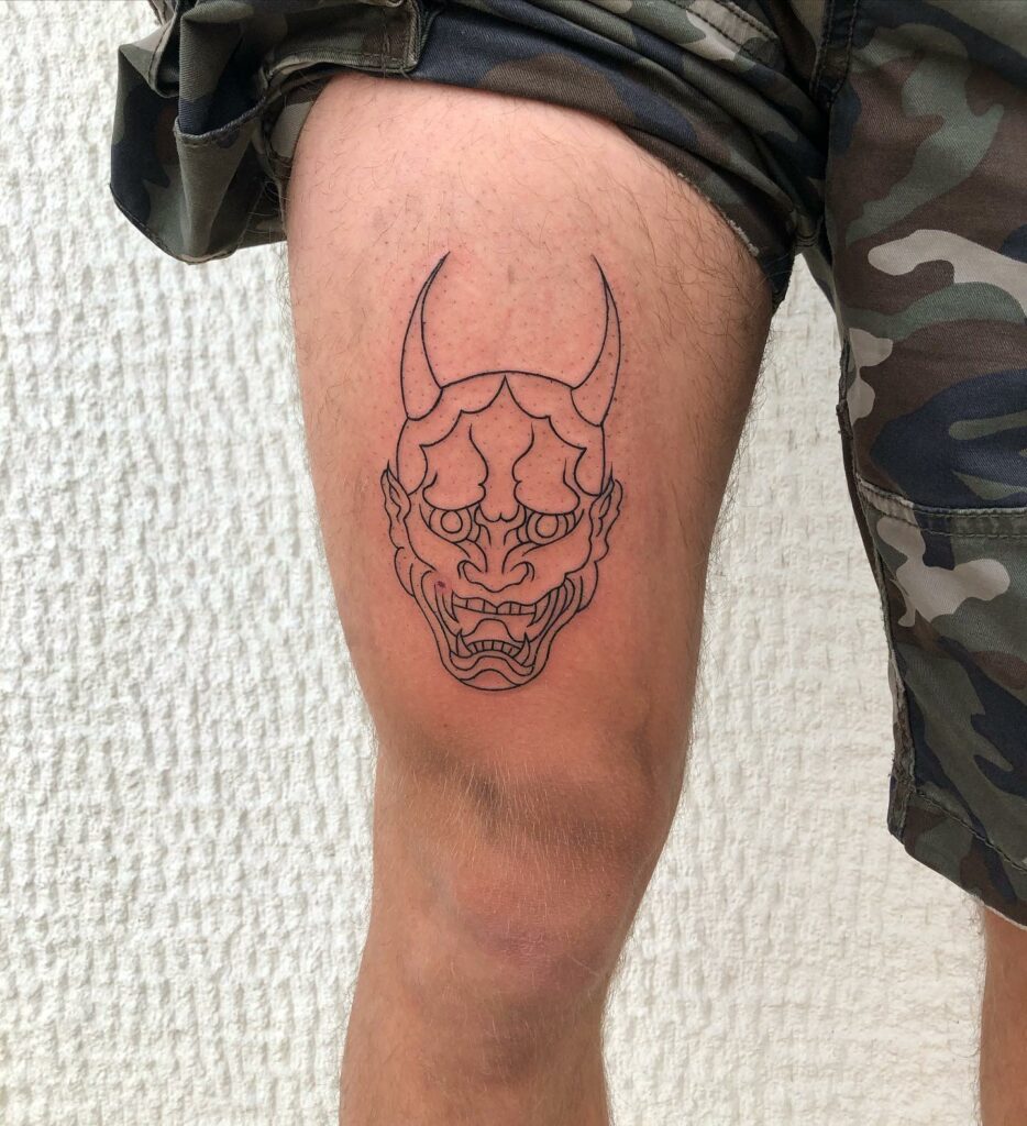 Oni Mask Tattoo Design Thigh Idea