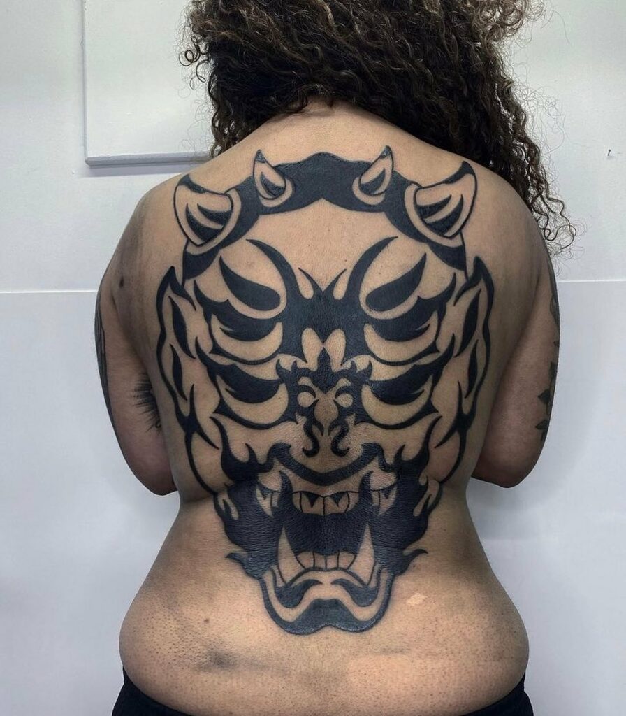 Oni Japanese Mask Tattoo Over Back 