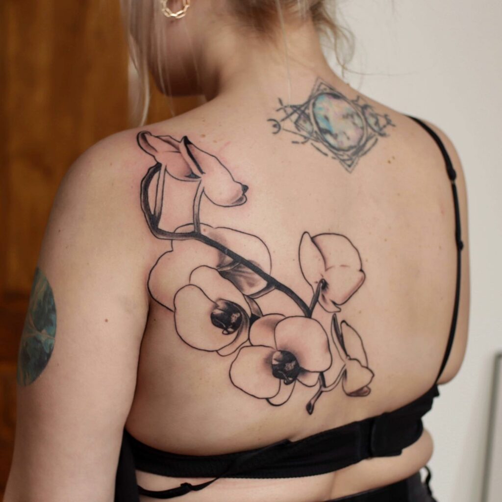 Back Orchid Design Shoulder Tattoo