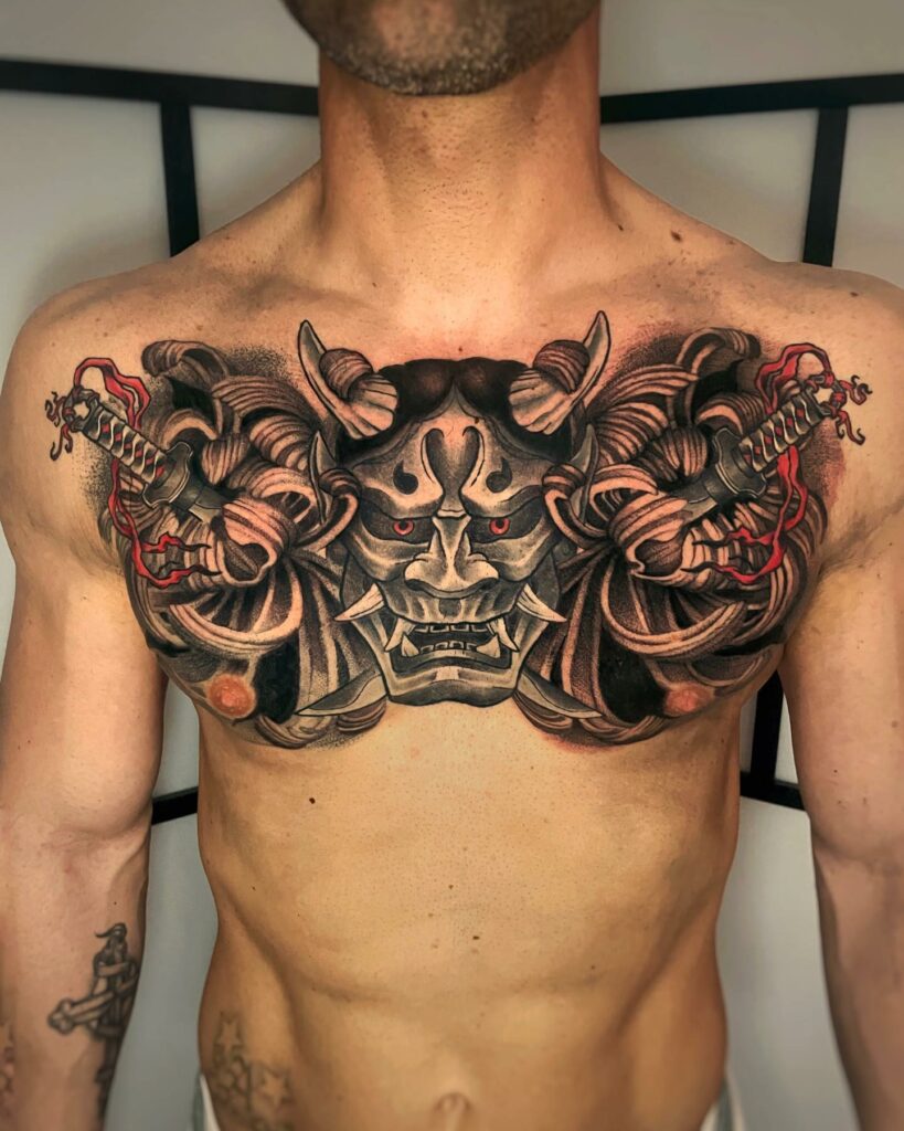 Samurai Oni Mask Tattoo Over Chest