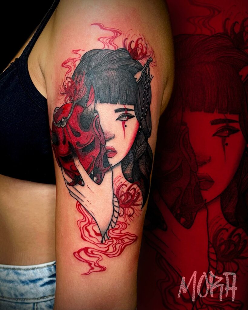 Giant Red Geisha Oni Mask Tattoo