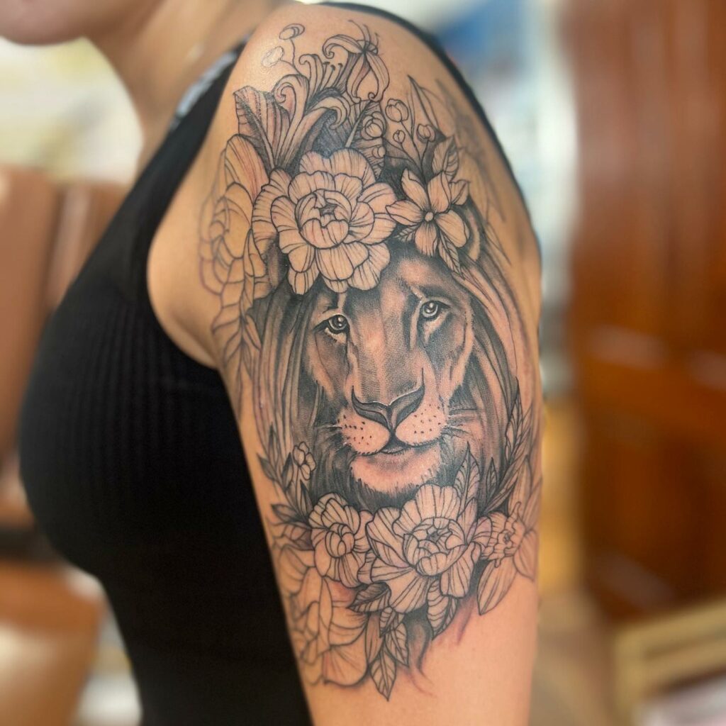 MI Tattoo Studios  Laser Clinic on Twitter Lion amp Floral Tattoo By  Michelle 01323 34 36 38 floraltattoo flowers lion geometric tattoo  ukartist Eastbourne eastbournetattoo tattooshop tattoostudio  tattooartist httpstcoR5fWbrridE 