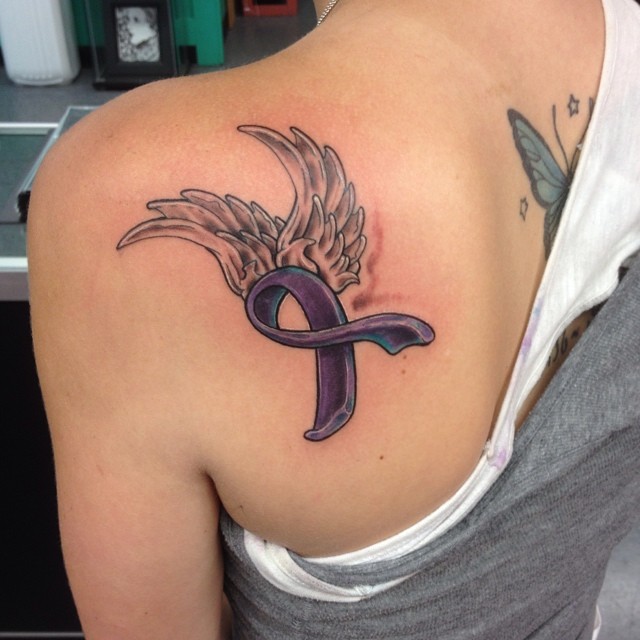 Breast Cancer Ribbon Wings Tattoo