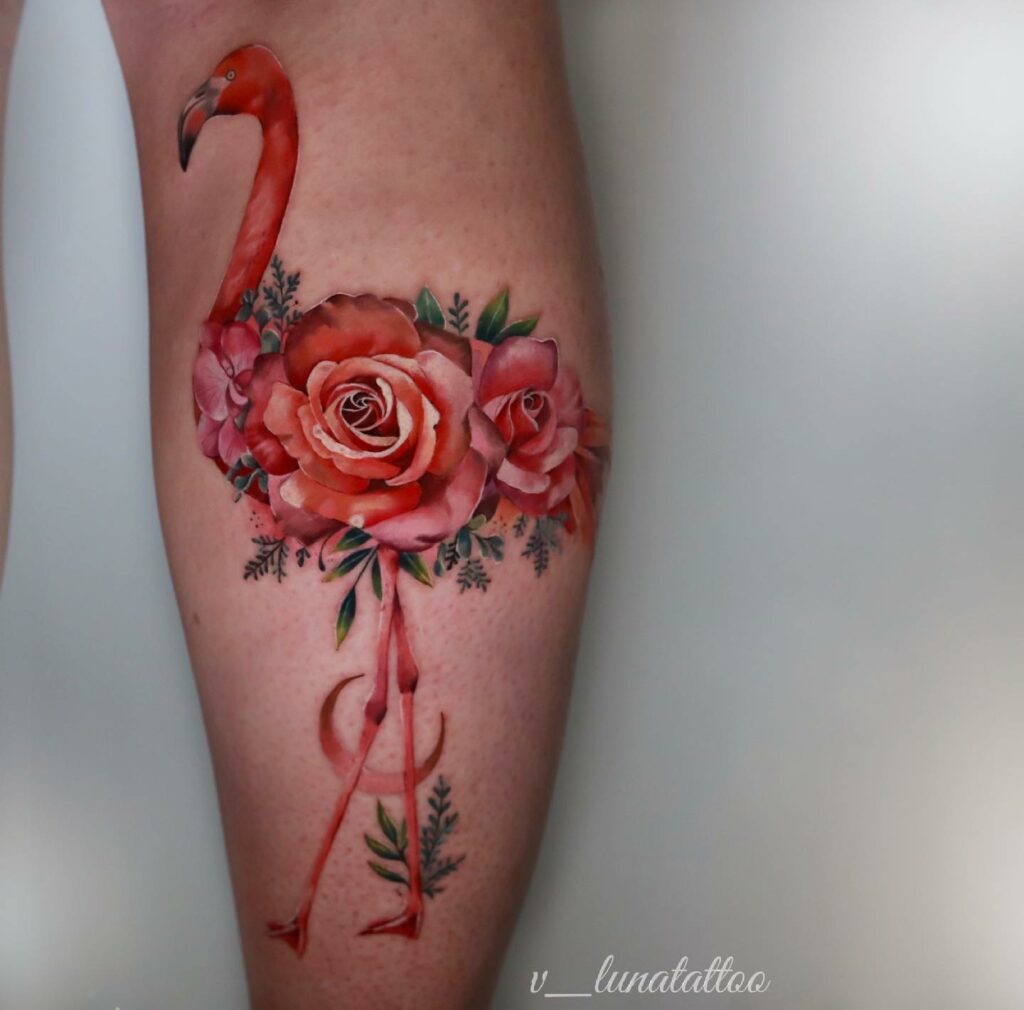 Pink Rose Flamingo Tattoo