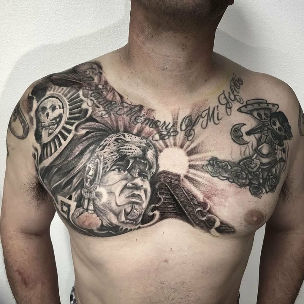 Contemporary Aztec Chest and Shoulder Tattoo By Elle     Please  do not copy any tattoos you see on this page Each one is custom   Instagram