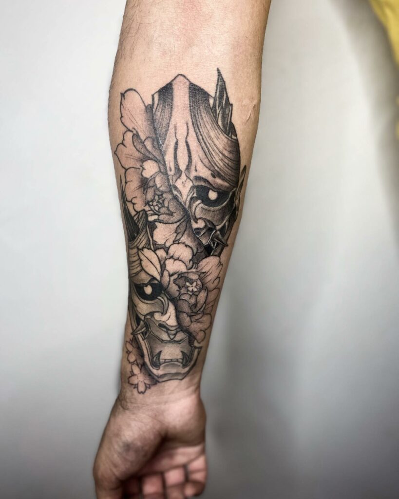 Oni Tattoo With Flower Tattoo