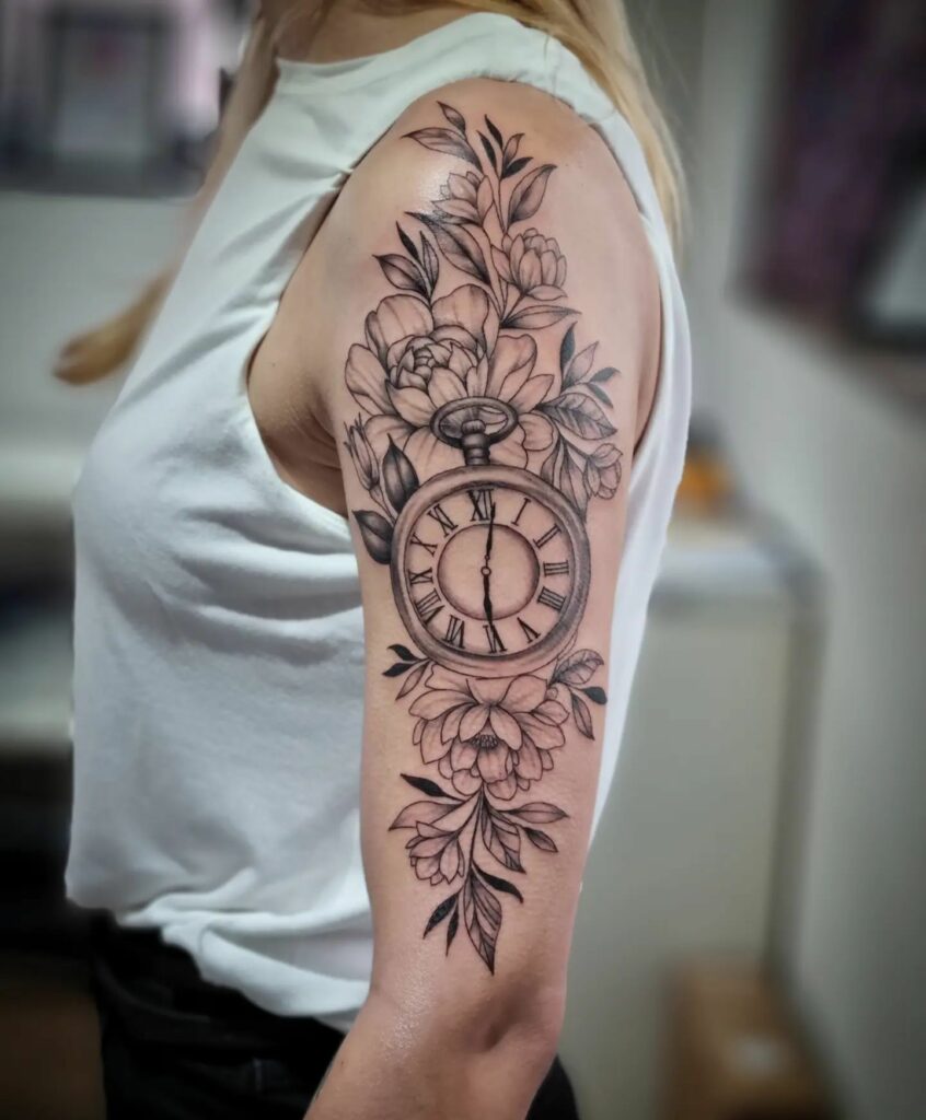 Flower and Clock Tattoos