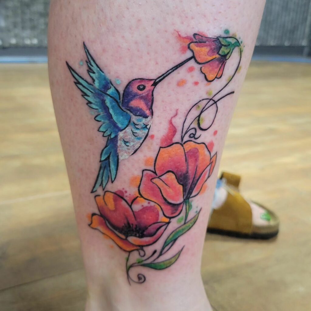 Floral Hummingbird Foot Tattoo