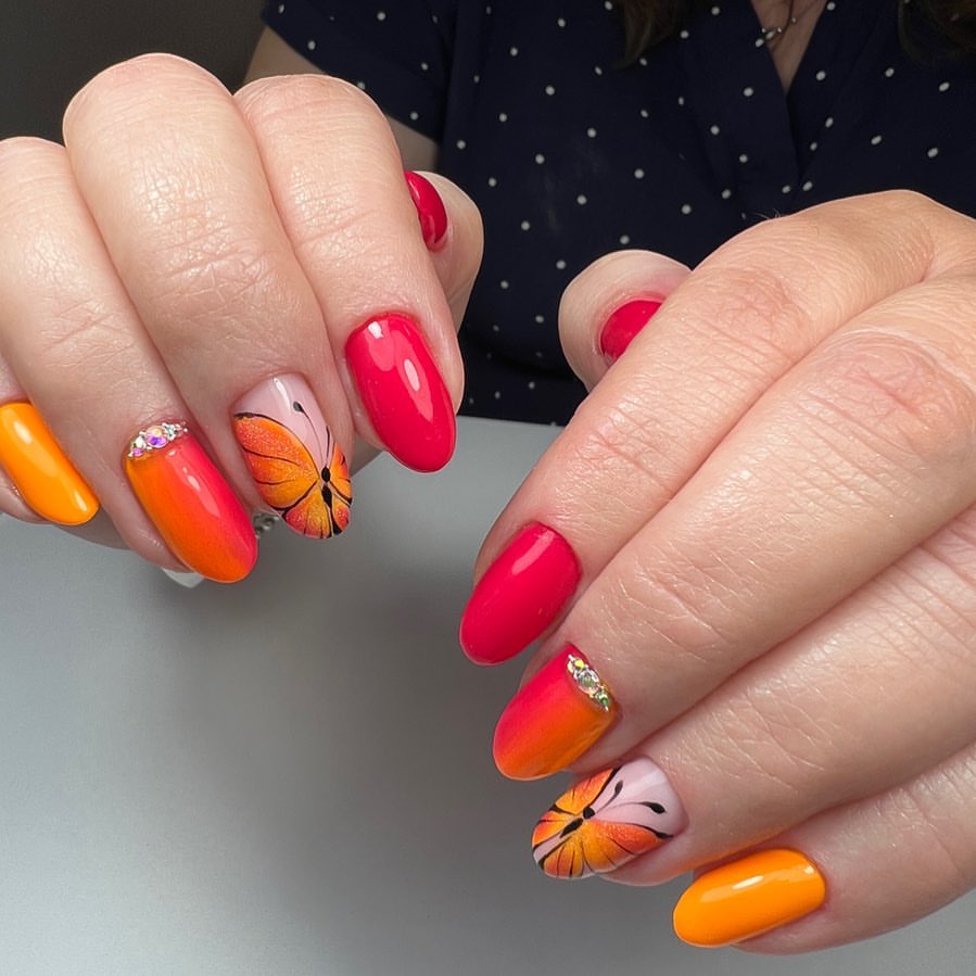 Passionate Red Orange Butterfly Nails