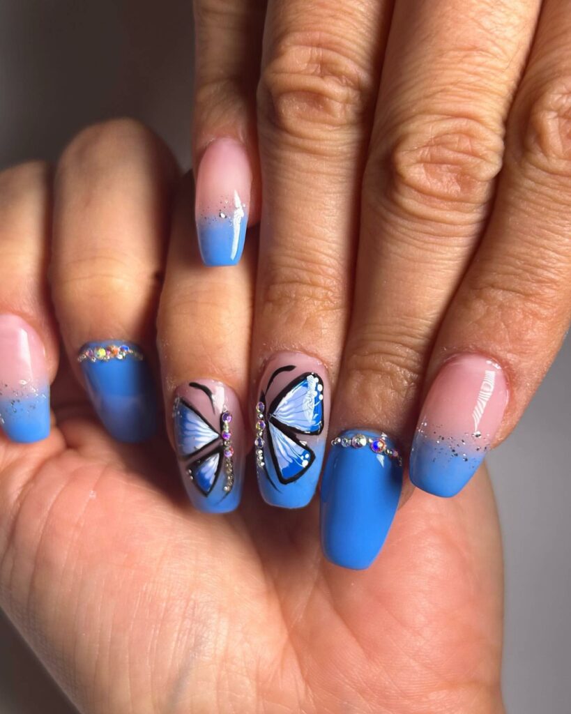 Serene Ombre Light Blue Butterfly Nails