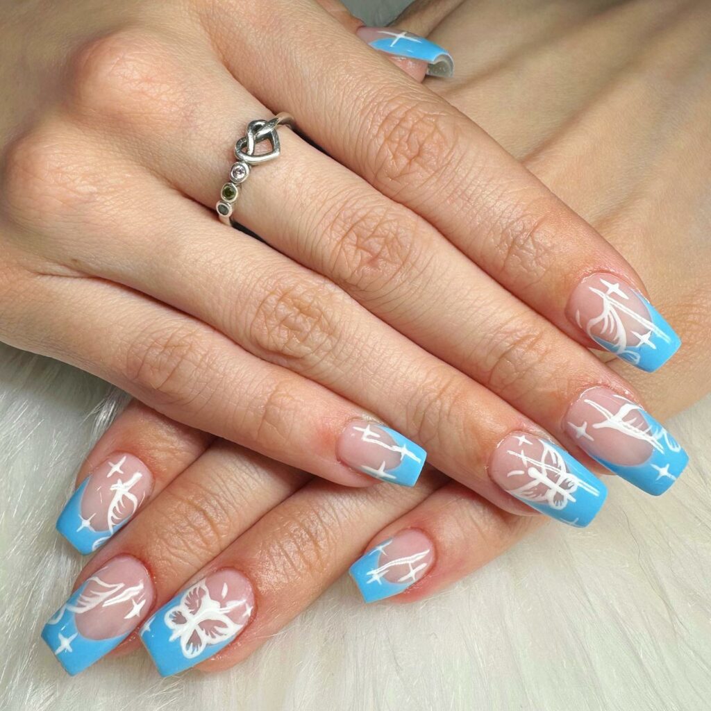 Blue French and White Butterfly Nails
