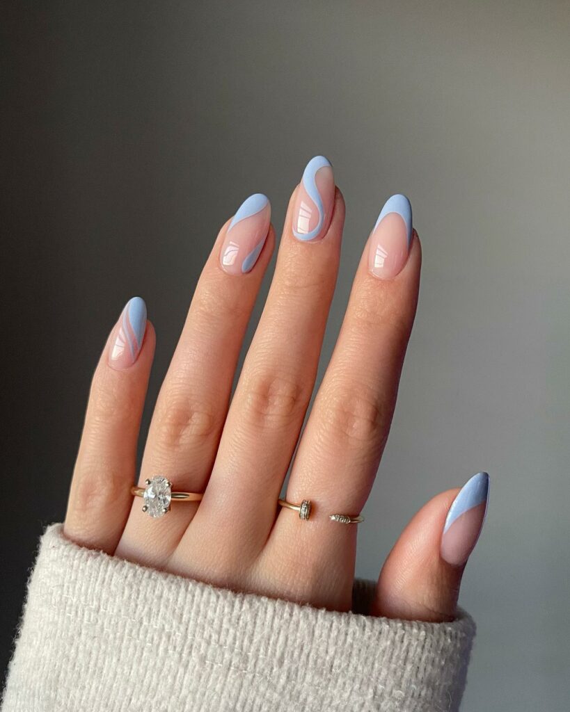 Nude Nails with Baby Blue Swirls