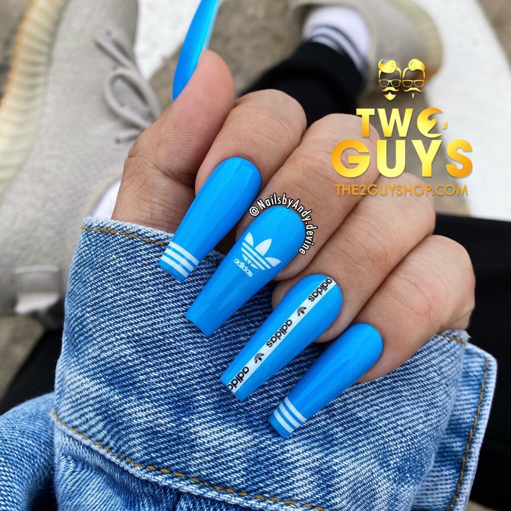 Blue Adidas-Inspired Nails with Iconic Stripes