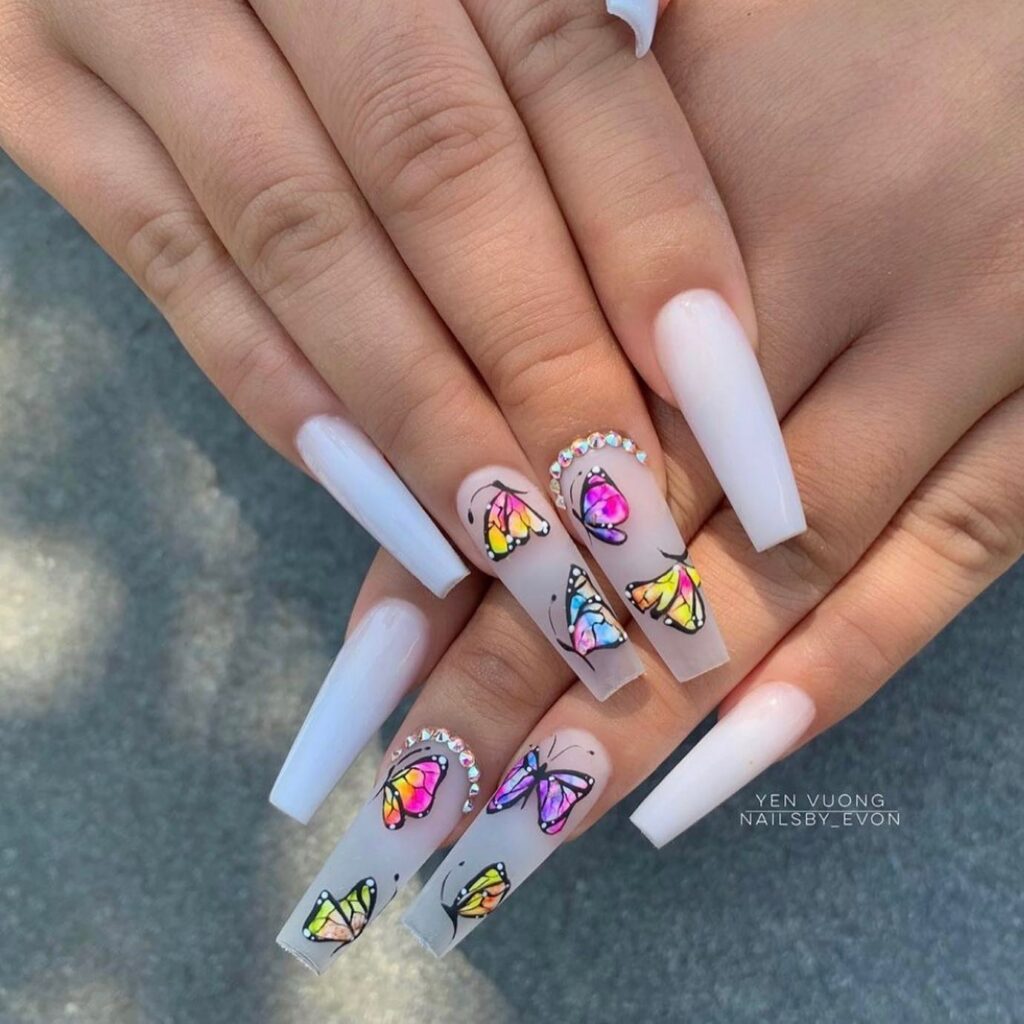 Whimsical Butterfly on White Nails