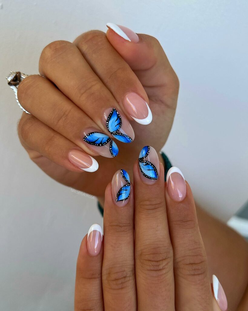 Glossy Almond Blue Butterfly Nails