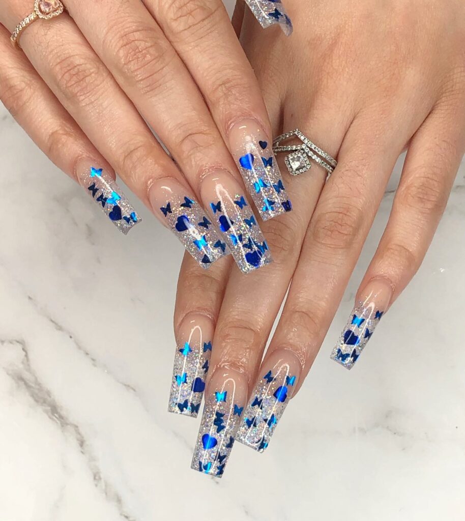 Clear Glitter Blue Butterfly Nails