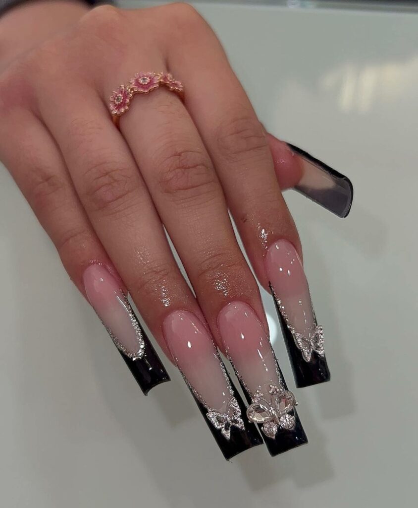Black French Nails with Butterfly Accents