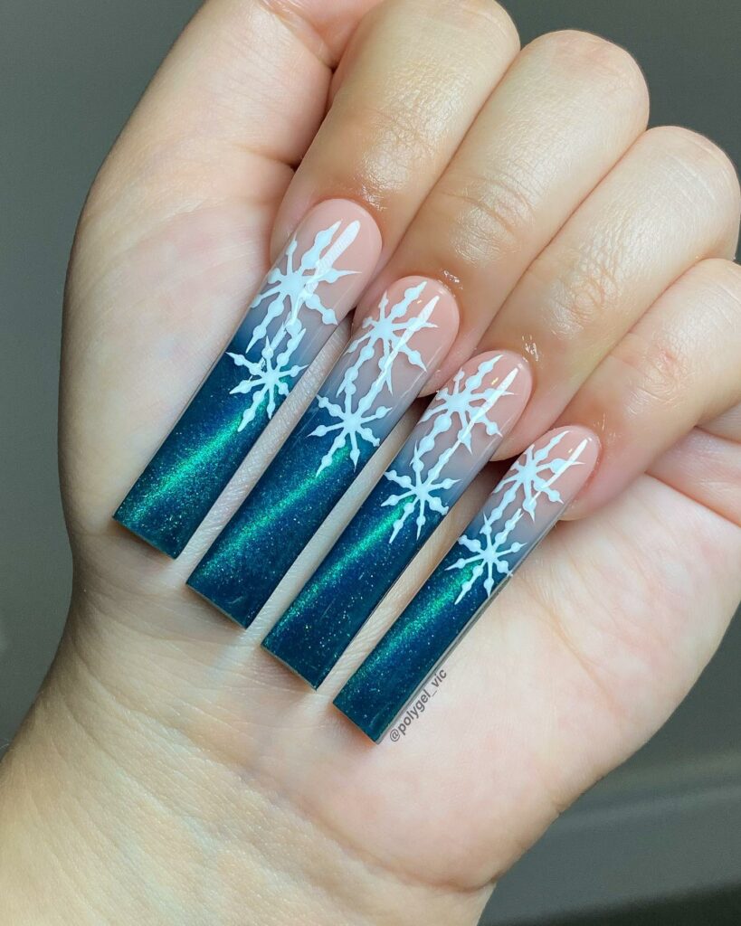 Blue Acrylic Nails with Snowflakes
