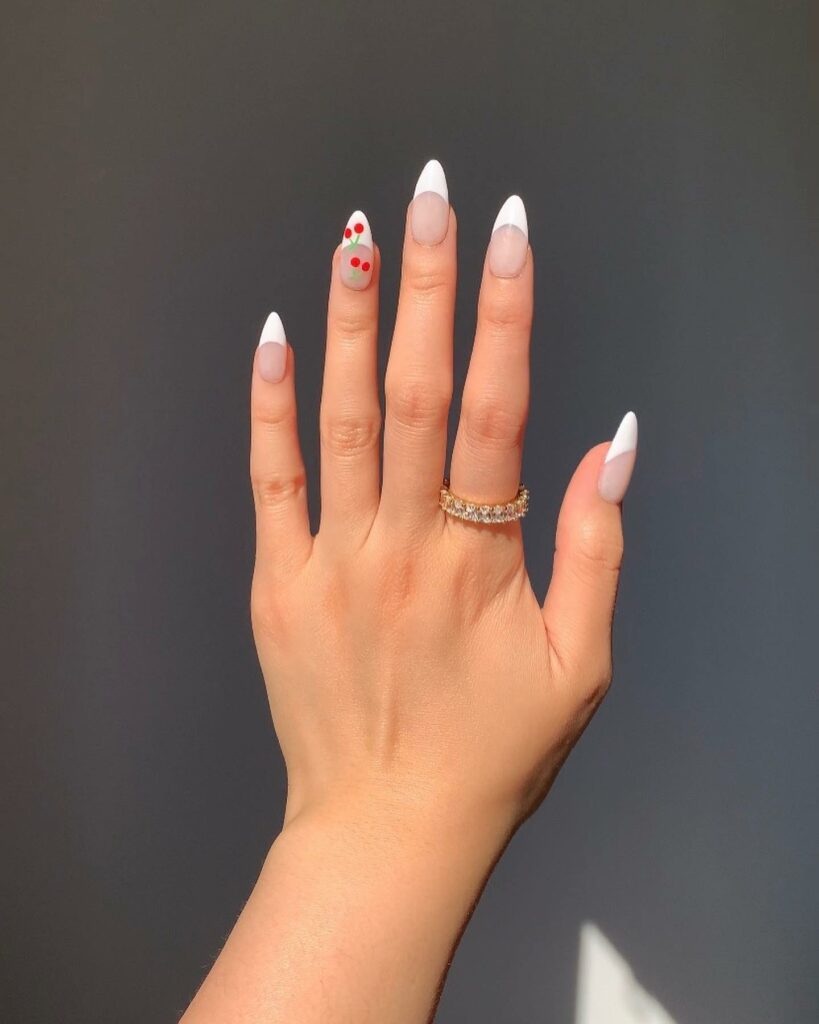 French Almond Nails with Cheeky Cherry Accents